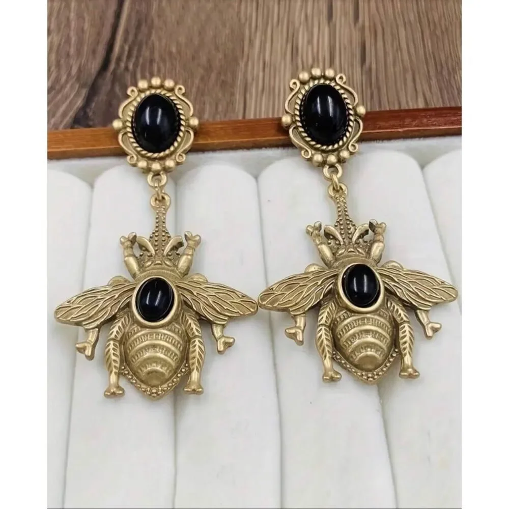 Vintage Style Bronzed Bee Drop Earrings